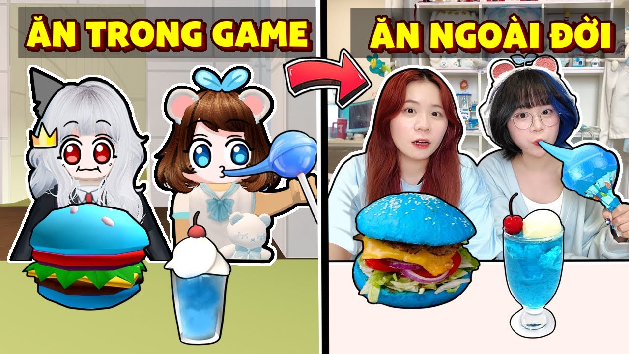 Mình Và Chị Gái Ăn Đồ Ăn Màu Xanh Ngoài Đời Và Trong ROBLOX 🤤💙