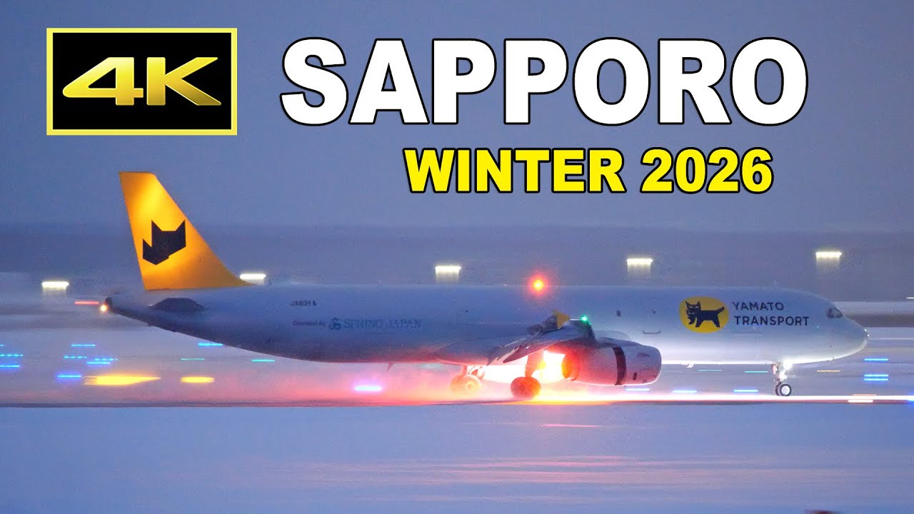 [4K] 大型の除雪車が走り回る夜明け前の新千歳空港、1番機はクロネコヤマト貨物機 （2026年1月29日）/ New Chitose Airport before dawn in winter