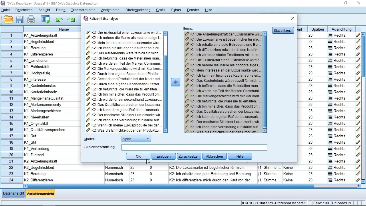 SPSS - Reliabilit&auml;tsanalyse - Cronbachs Alpha