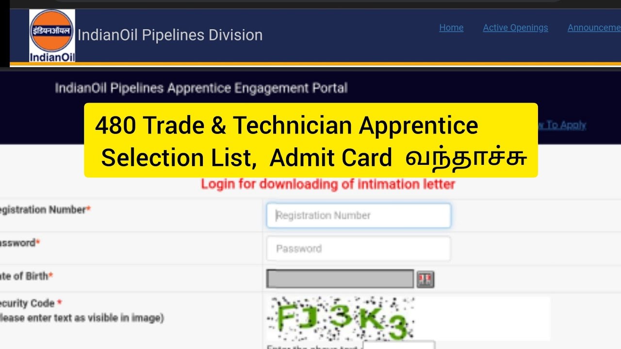 IOCL Pipelines Division Apprentice Admit Card 2021 Tamil