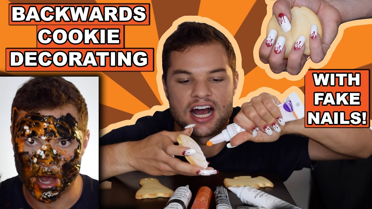 Halloween Cookie Decorating BACKWARDS WITH FAKE NAILS!