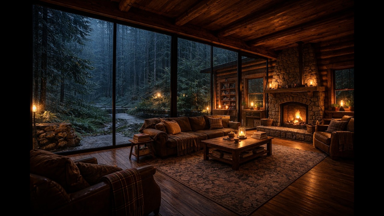 Gentle Rain with Crackling Fireplace | Deep Sleep | No ADS