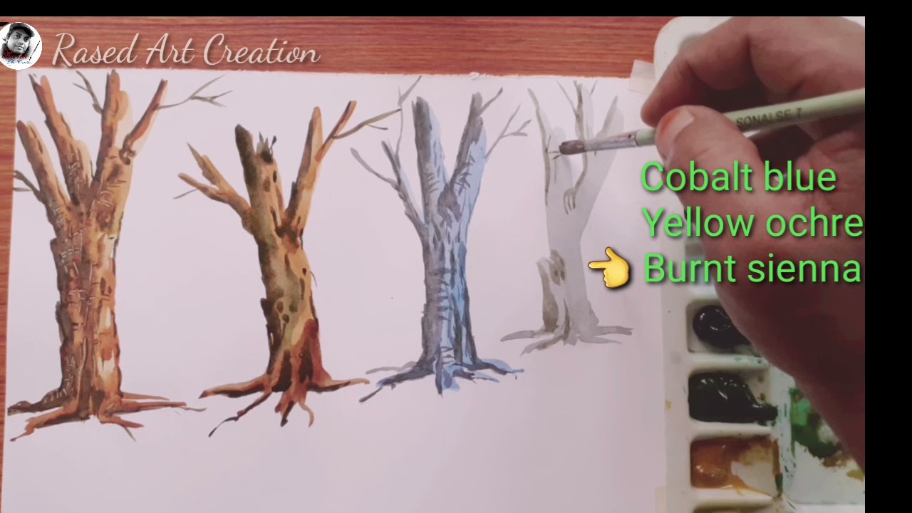 How to paint tree trunk in watercolour step by step/ Watercolour for beginners/ lessons ~4