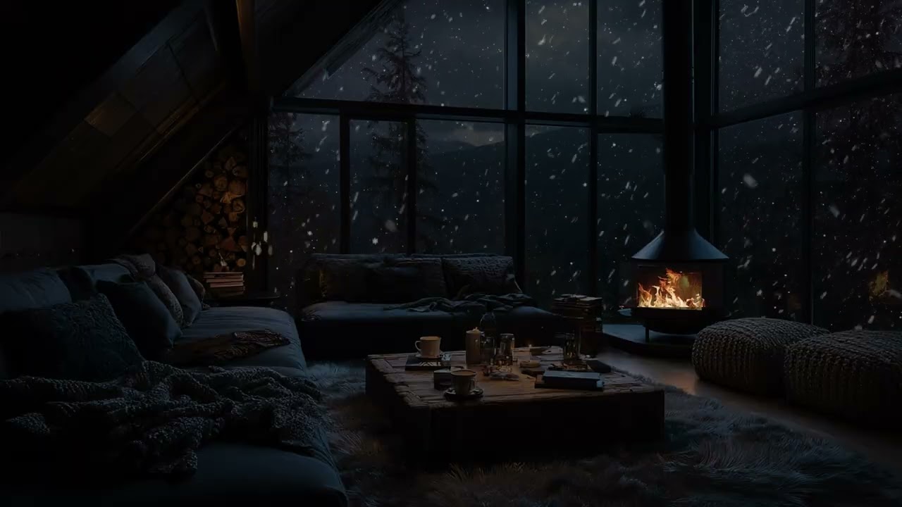 Sleep Better with Cozy Cabin Ambience, Falling Snow, and the Gentle Sound of Firewood