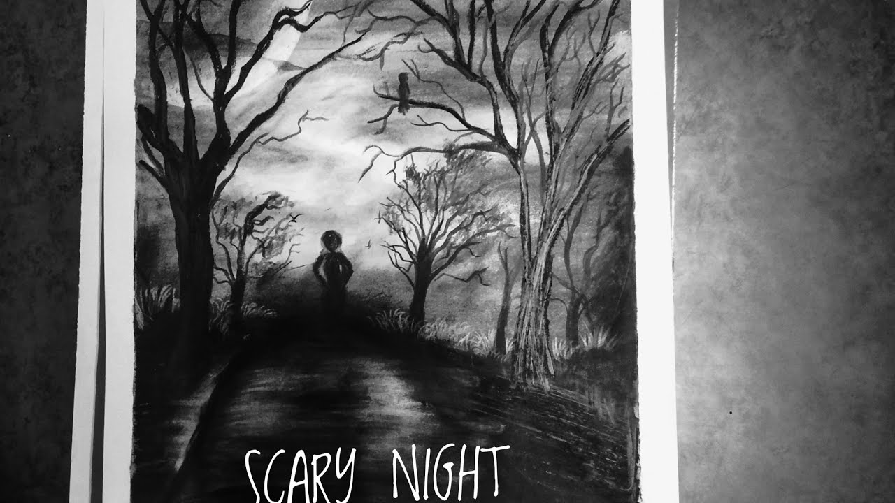 Drawing Scary and creepy horror forest moon night timelapse