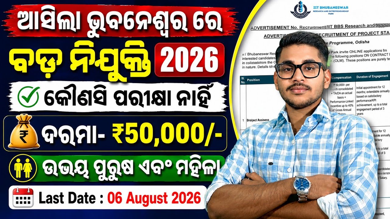 ଆସିଗଲା ଭୁବନେଶ୍ୱର ରେ ବଡ ନିଯୁକ୍ତି 2026 | Both Male & Female | IIT Bhubaneswar New Recruitment 2026 