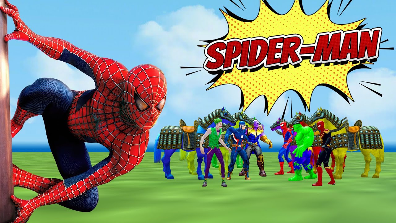 Team 5 Spider Man: Horse Racing Challenge with Scary Teacher vs Spiderman, Hulk, Thanos, Joker
