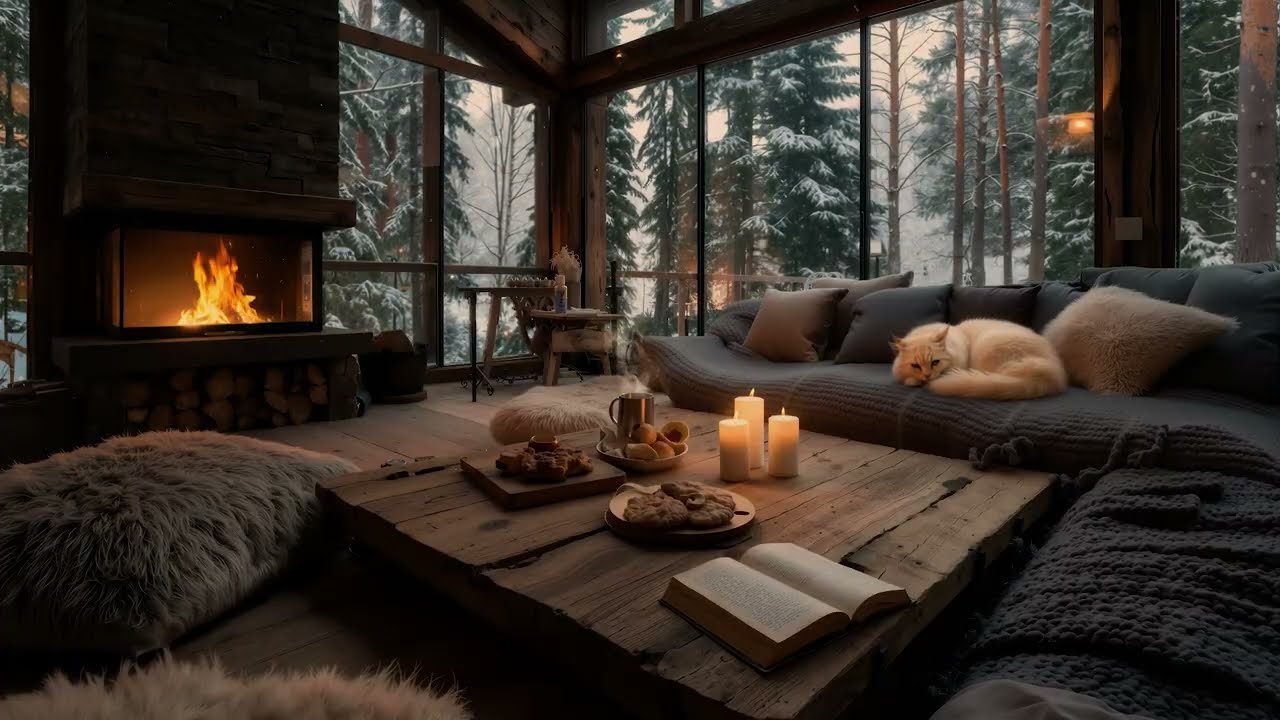 Relaxing Piano Sounds with Breathtaking View from a Cozy Cabin and Crackling Fireplace for Sleep❄️