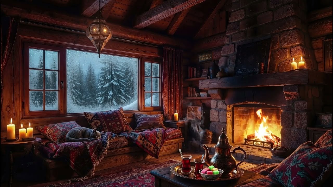 Winter Cabin Serenity🔥Soft Piano & Authentic Music | Fireplace Crackles & Calm Snowfall Ambiance 4K