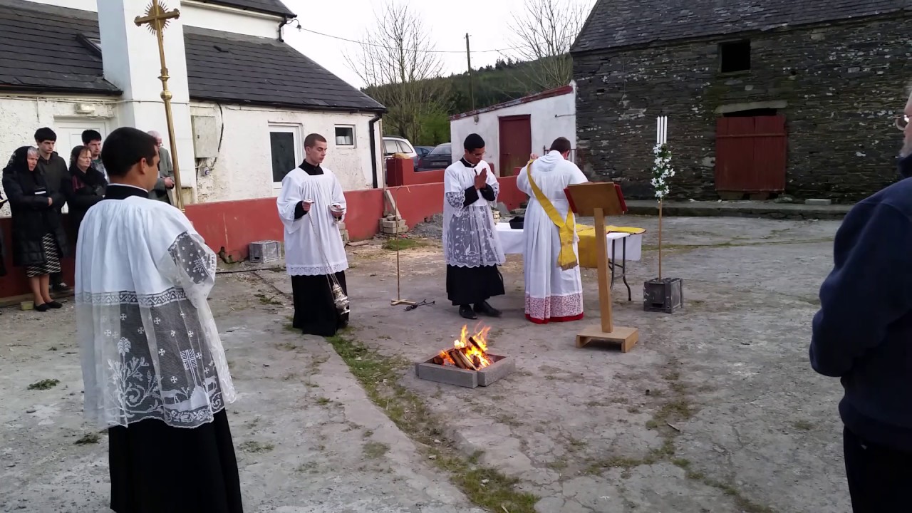 Fr  Ballini, Easter Vigil, Blessing of the new fire, West Cork Priory, Ireland, 2017 04 15