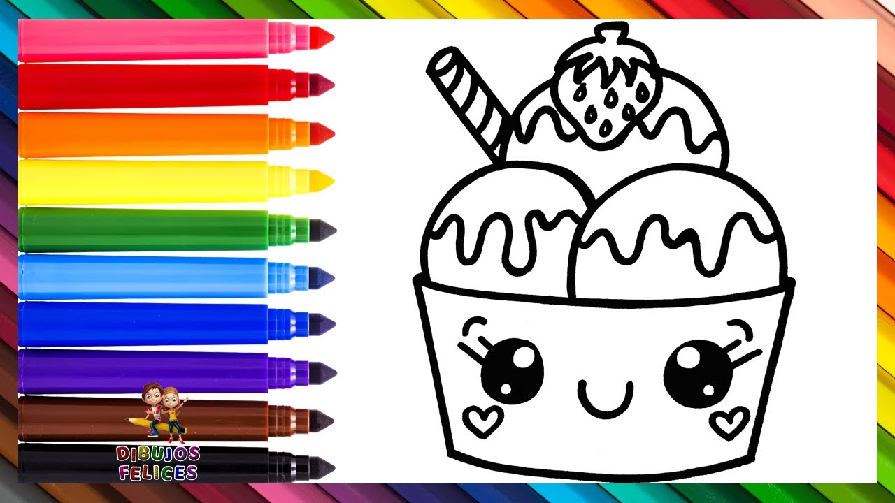 Dibuja y Colorea Un Lindo Taz&oacute;n De Helado 🍨🟡🟤🔴🍓🌈 Dibujos Para Ni&ntilde;os