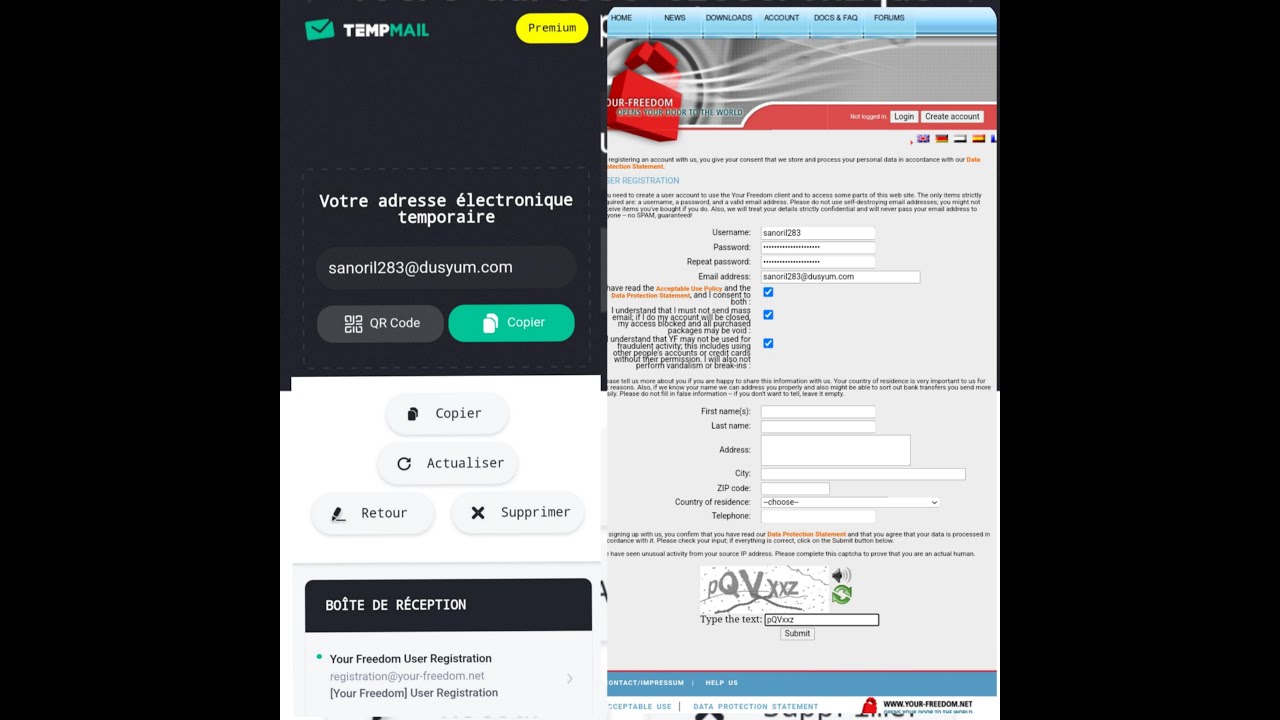 COMMENT CRÉER UN COMPTE YOUR FREEDOM AVEC UNE ADRESSE EMAIL TEMPORAIRE