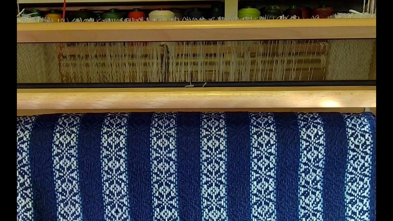 weaving: woven snowflake towels unrolled from Ashford 8-shaft 32-inch table loom