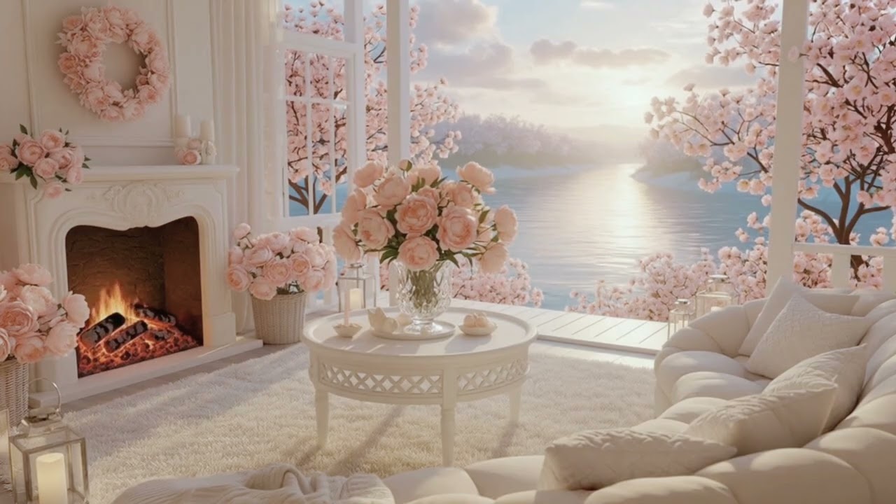 Serene Blossom Cabin by the Lakeside 🌸✨ Soft Piano & Fireplace Atmosphere for Focus & Study