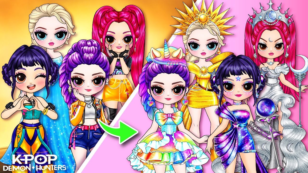 K-Pop Demon Hunters | Huntrix Transform Into Moon, Sun & Star Girls! | Best DIY Fashion Paper Dolls