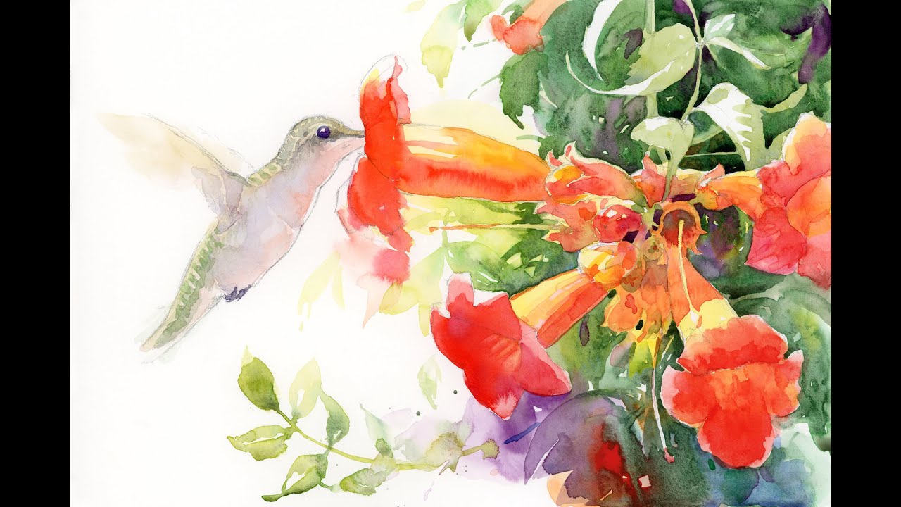 Hummingbird & Trumpet Vine in Watercolor