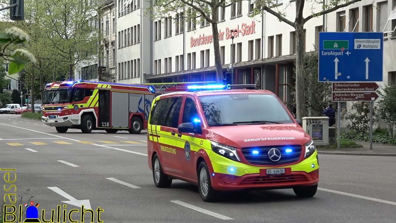 ELW, 2x HLF & 2x DL Berufsfeuerwehr und 2x RTW & NEF Sanität Basel-Stadt