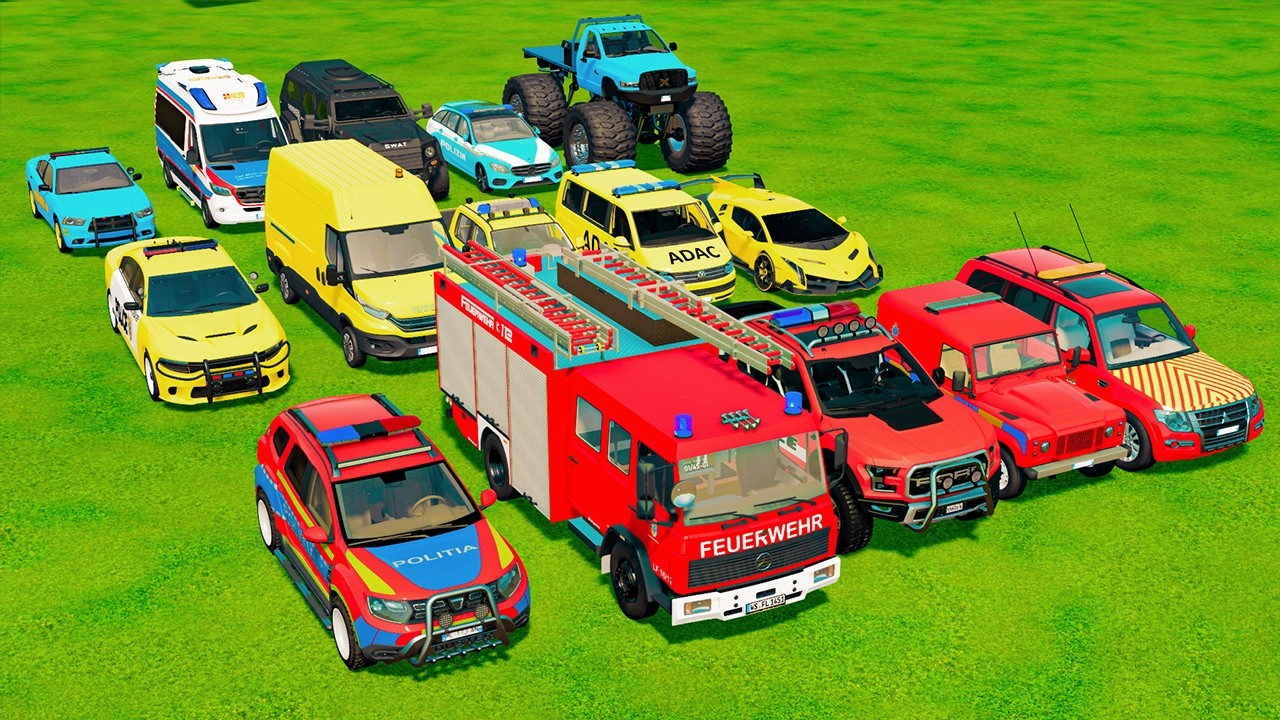 TRANSPORTING CARS, AMBULANCE, POLICE CARS, FIRE TRUCK OF COLORS! WITH TRUCKS! - FS22