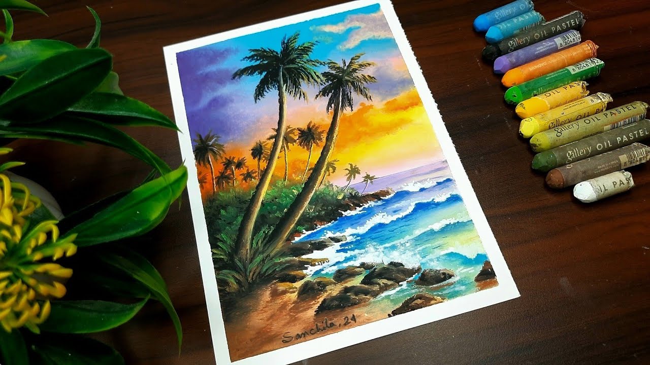 Tropical beach scenery drawing with oil pastel color 🌴 How to draw sea beach scenery ⛱️ Canvas Art