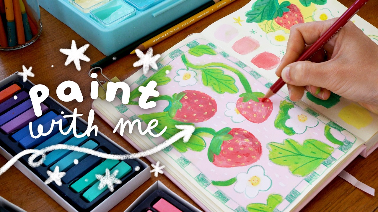 1 Hour of Painting Strawberries with Gouache & Coloured Pencils 🍓✨ Quiet Art Process