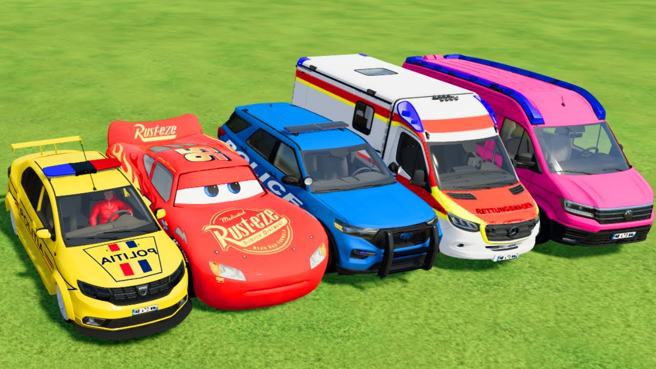 TRANSPORTING POLICE CARS, AMBULANCE, FIRE TRUCK, COLORFUL CARS WITH TRAIN -FARMING SIMULATOR 22!