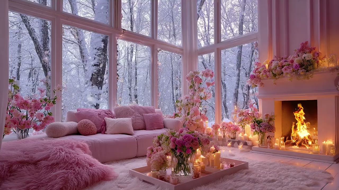 Romantic Winter Living Room Ambience with Soft Piano & Cozy Fireplace Crackles for Deep Relaxation