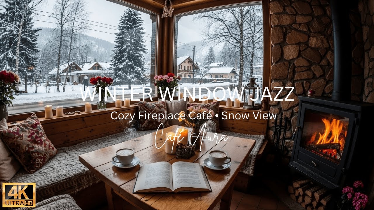 Cozy Winter Window Jazz ❄ Warm Fireplace Ambience for Relaxing & Focus