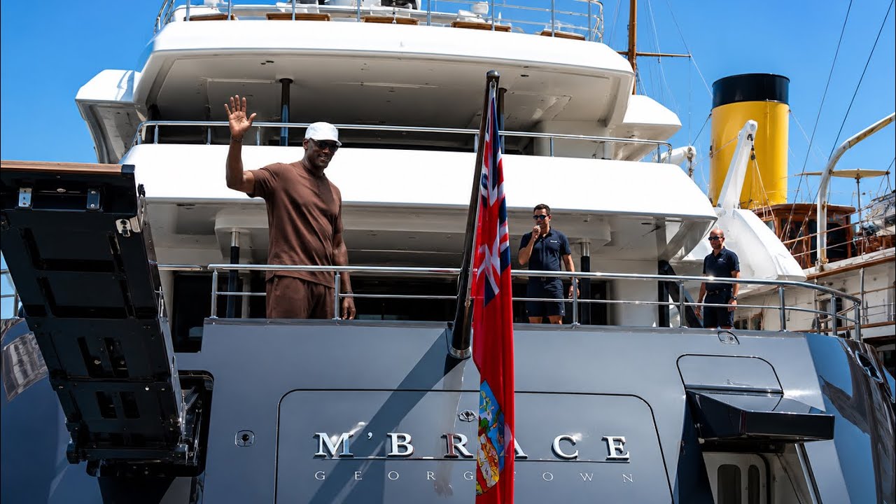 M&rsquo;Brace arrival & docking | Michael Jordan waiting at Hotel de Paris | later get on board @emman25Mc