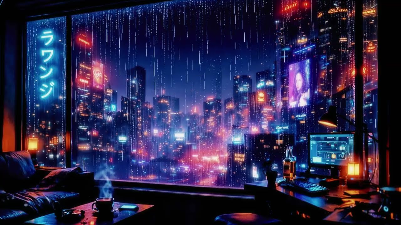 Rainy Cyberpunk Night 🌧️ Cozy Apartment Overlooking Neon City | Sleep & Relax Ambience (8 Hours)