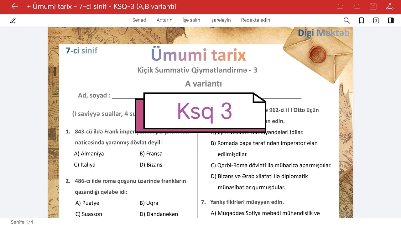 7 ci sinif Ümumi tarix kimik summativ 3. #7cisinif #tarixksq #tarixtest 