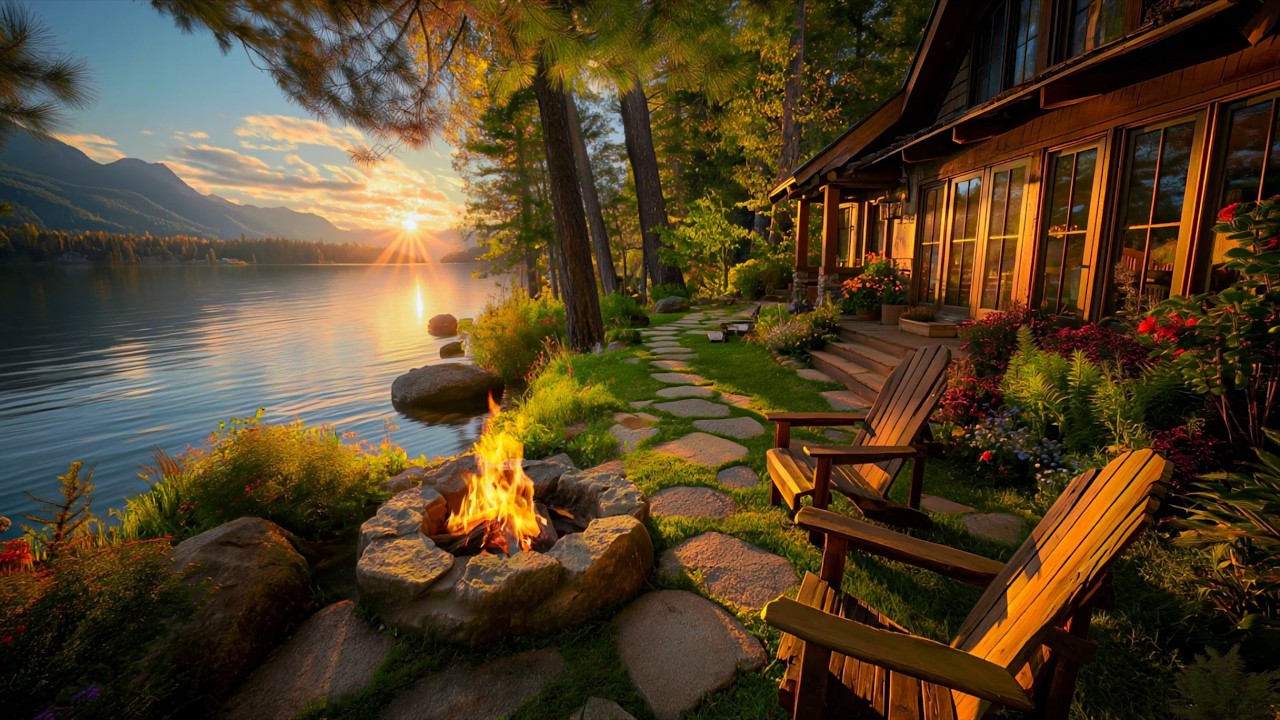 Mountain Lakeside Nature Ambience with Campfire and calm birds for Relaxation