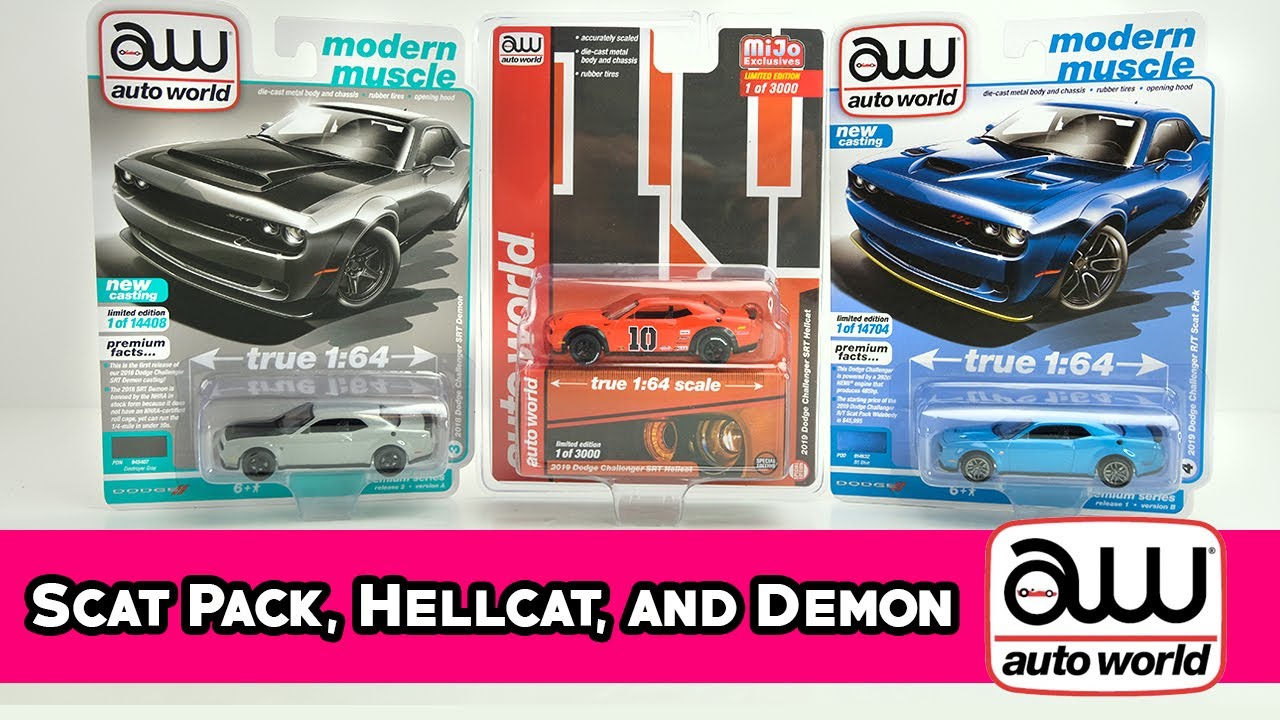 UNBOXING: Auto World Dodge Challenger Scat Pack, SRT Demon, and Mijo Exclusive SRT Hellcat Patriot