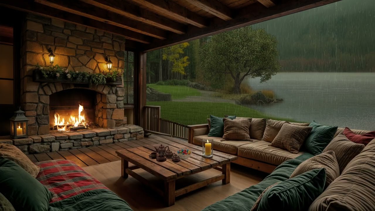 🌿Lakeside Rain Cabin Ambience – Cozy Fireplace, Gentle Rain & Nature Sounds | SLEEP, STUDY, FOCUS