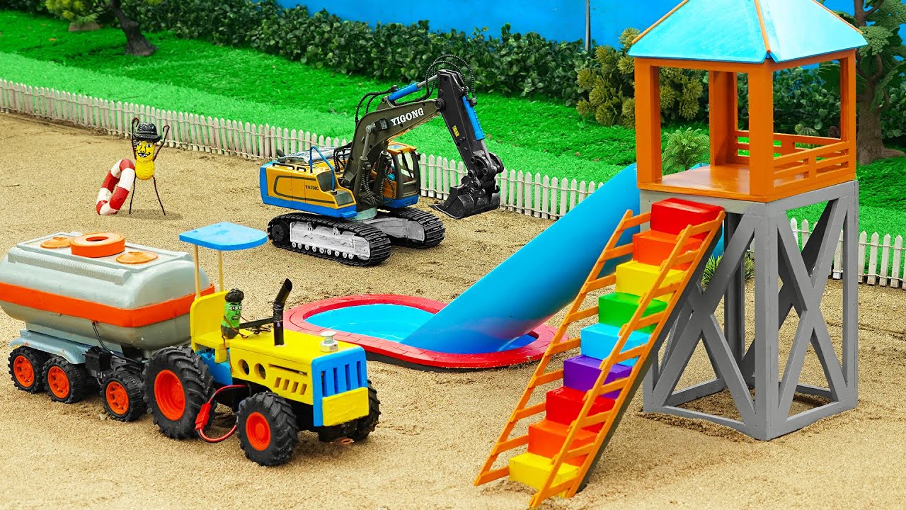 DIY Tractor Making Backyard Pool with Water Slide | DIY Excavator，Hand Pump | HP Mini DIY Tractor