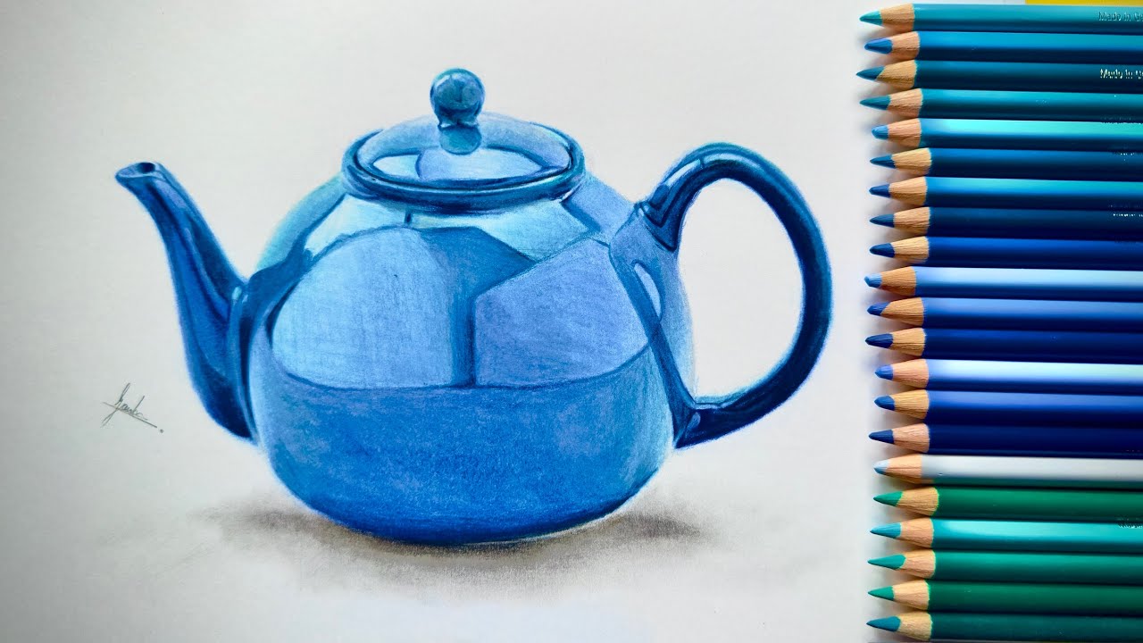 Realistic Drawing of teapot with colour pencils / How to draw realistic teapot / Drawing tutorial.