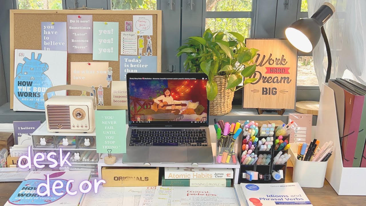 Decor bàn học cùng Huyền nhé, sắp xếp đồ dùng học IELTS | Desk decor Stationery Organization