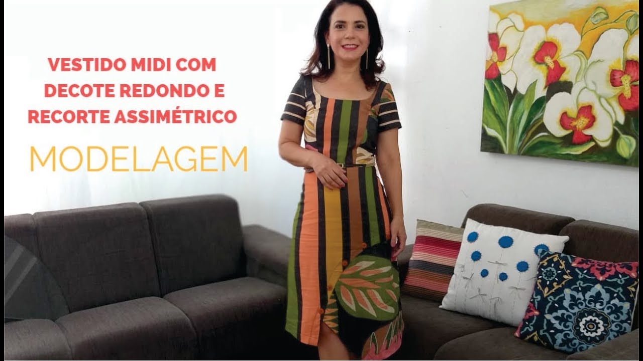 COMO FAZER VESTIDO MIDI COM DECOTE REDONDO E SAIA EVASE COM RECORTE ASSIMETRICO COM CÉLIA ÁVILA