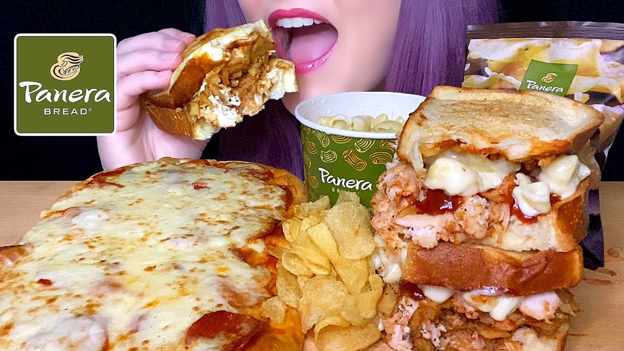ASMR PANERA BREAD MUKBANG (NO TALKING) PEPPERONI PIZZA + BBQ MAC & CHEESE CHICKEN SANDWICH