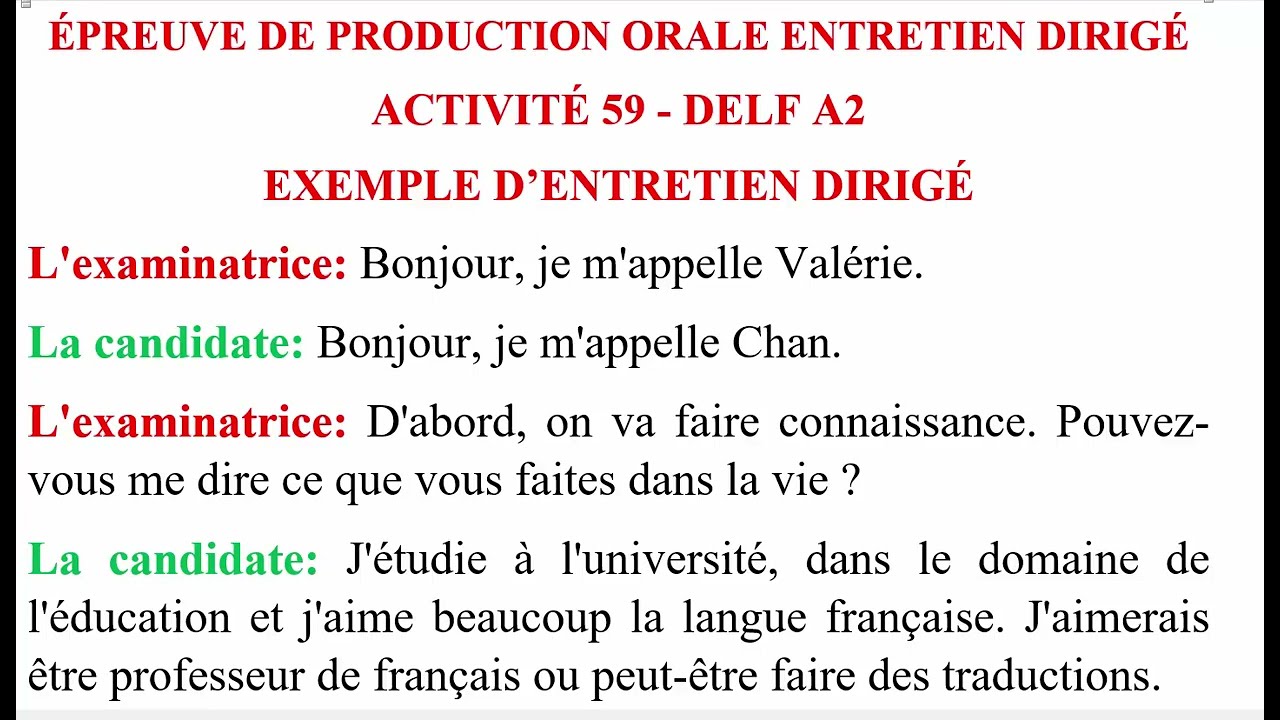 &Eacute;PREUVE DE PRODUCTION ORALE ENTRETIEN DIRIG&Eacute; - ACTIVIT&Eacute; 59 - DELF A2 - EXEMPLE D&rsquo;ENTRETIEN DIRIG&Eacute;