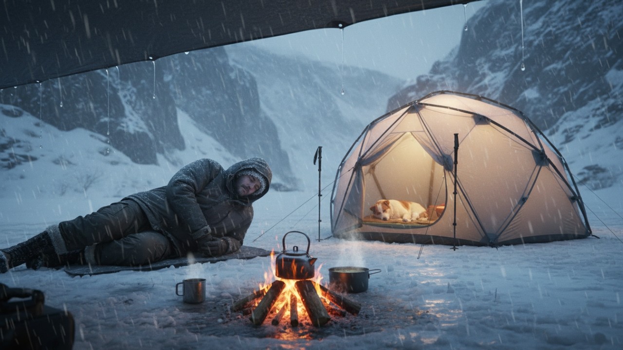 −18°C Night Rain Canyon Camping with My Dog · Trekking Pole Inflatable Hot Tent · Tarp Drips ASMR