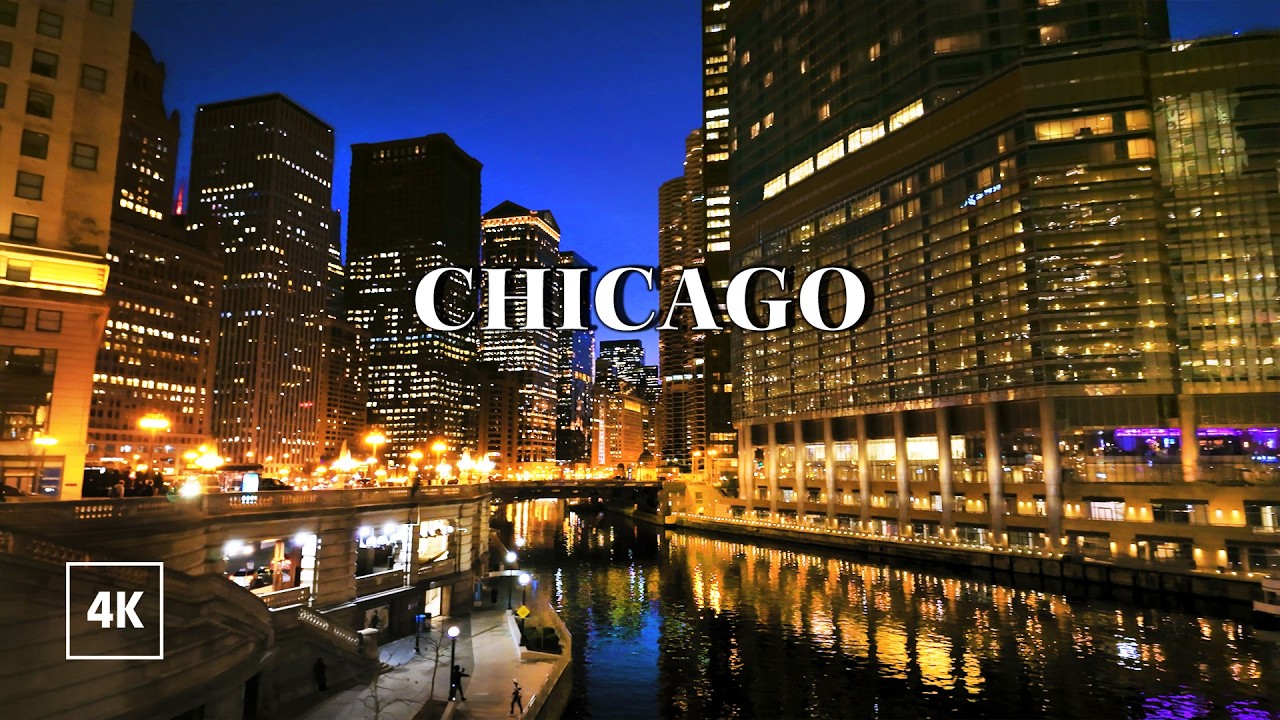 CHICAGO - Night Walking Tour Downtown, Illinois, USA, 4K UHD