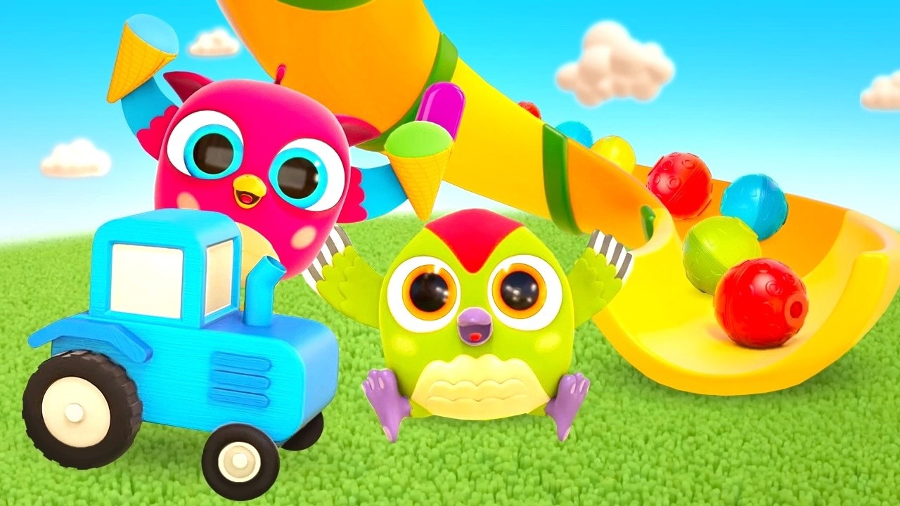 Kartun bayi bersama Hop Hop si Burung Hantu. Game dengan bola warna-warni dan piramida