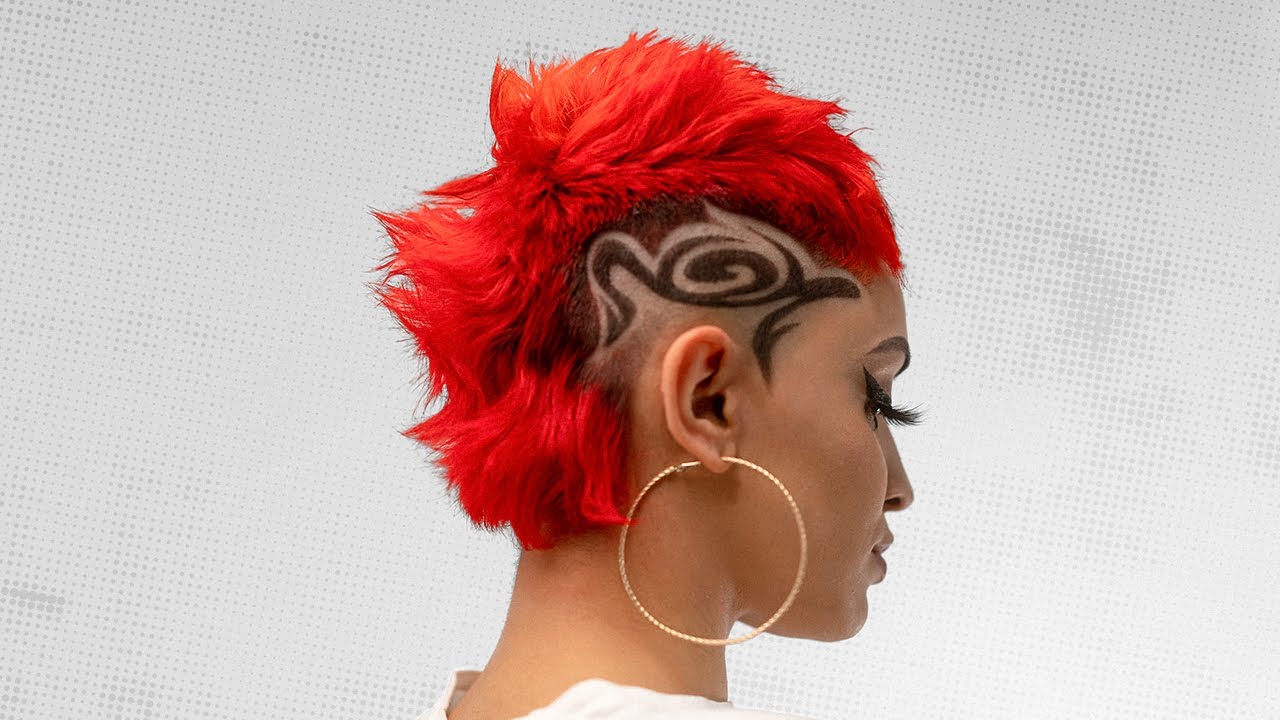 Blazing Red Mohawk Burst Fade w/ Side Design | Hair Collab Transformation by Loriel & Los Cut It