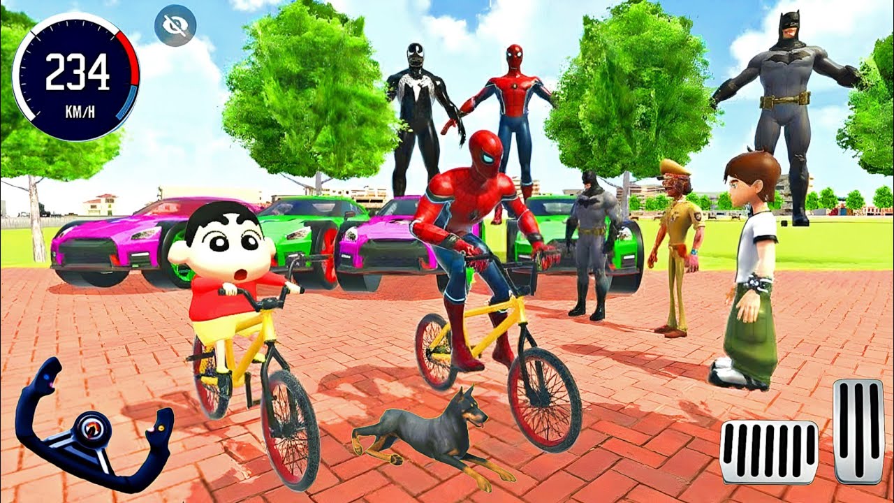 🦚 Indian Thift Auto🔥 Monster Spiderman vs Shin-Chan Car Game Racing 3D 🌈 Lot's of Police Car & Bike🥳