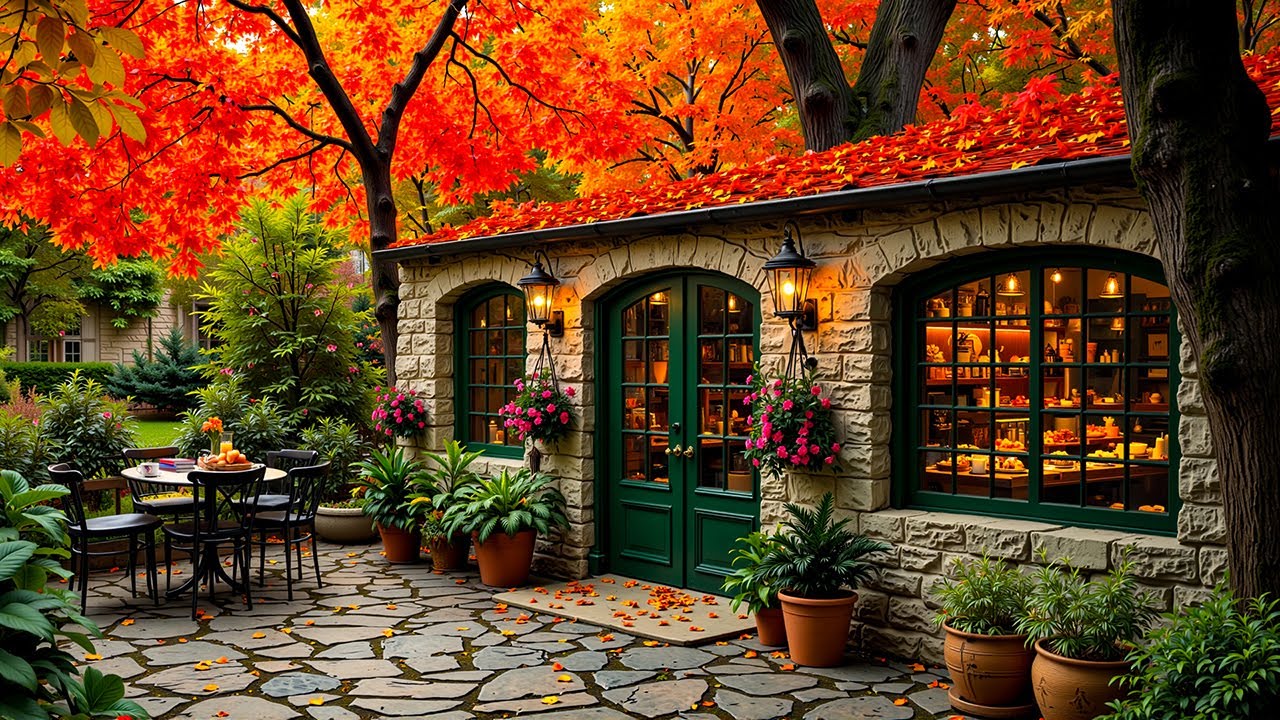 Autumn Afternoon in Cozy Caf&eacute; Garden 🍂 Soothing Jazz Music for Study & Stress Relief