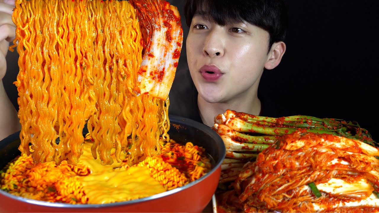 후끈한 열라면 5봉지 먹방🔥 ☆ 매운김치, 파김치