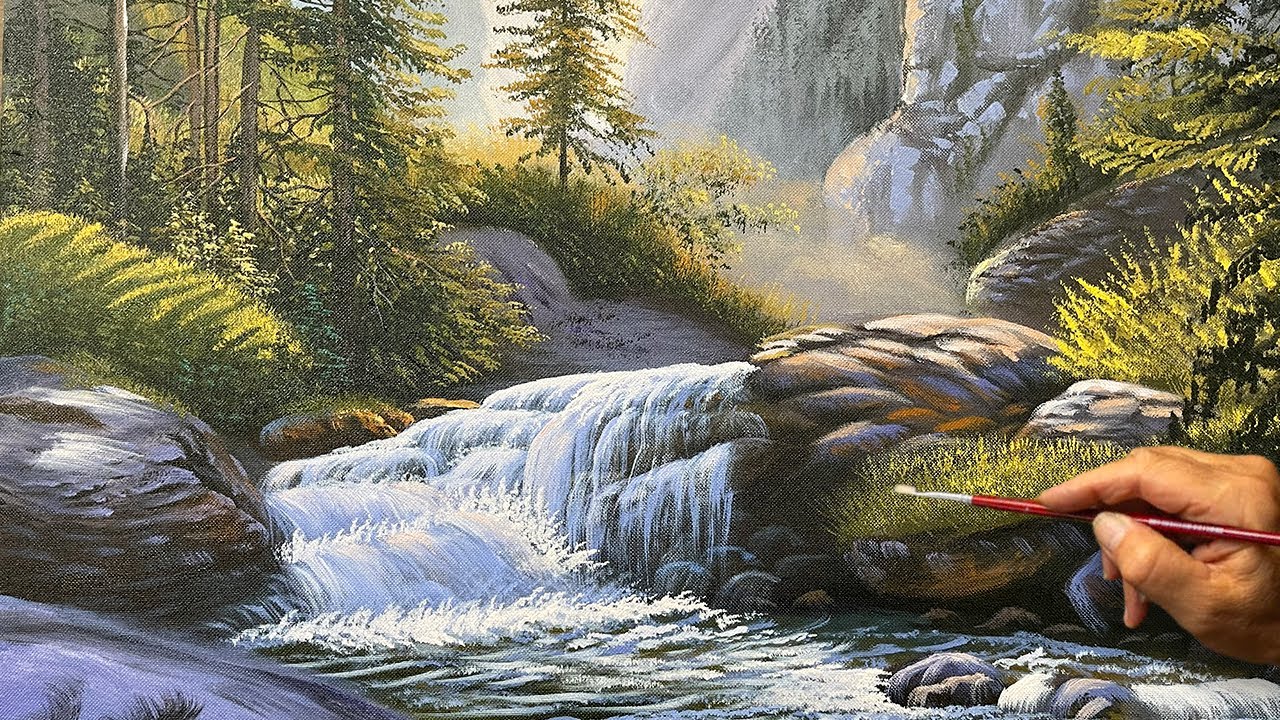 How to Paint a Forest Waterfall | Realistic Acrylic Landscape Painting Tutorial