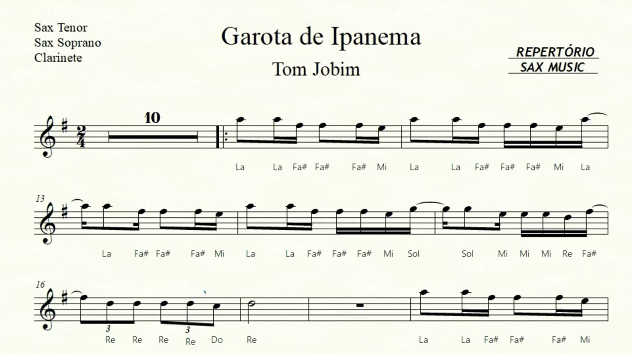 🎼Garota de Ipanema ( Tom Jobim ) Sax Tenor, Soprano e Clarinete - Partitura Fácilitada + Playback
