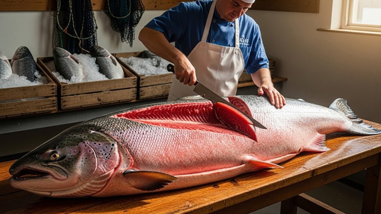chopping a super giant salmom like nothing! 🐟🔥 #salmon  #fishcutting  #seafood