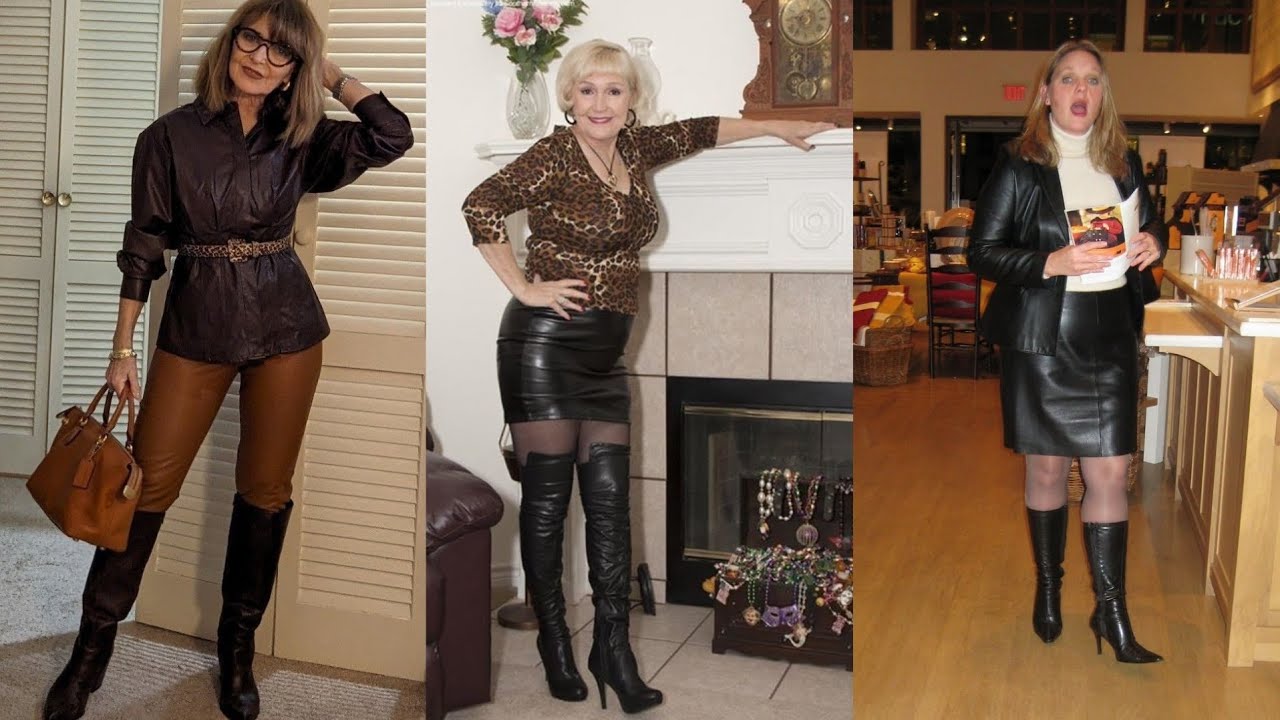 Older Women Leather Boots with Leather Short Skirts Outfit ideas